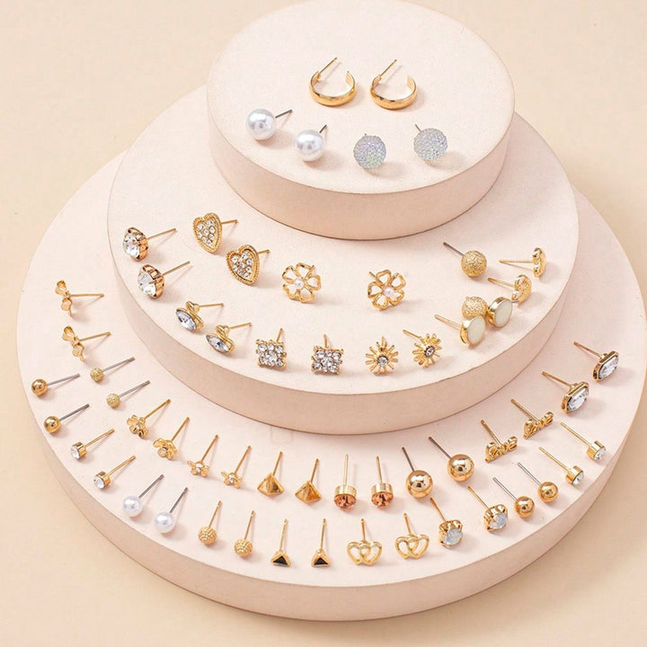 Vembley Set Of 30 Pairs Gold-Plated Trendy Crystal & Pearl Stud Earring for Women