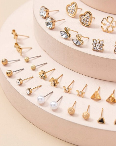 Vembley Set Of 30 Pairs Gold-Plated Trendy Crystal & Pearl Stud Earring for Women