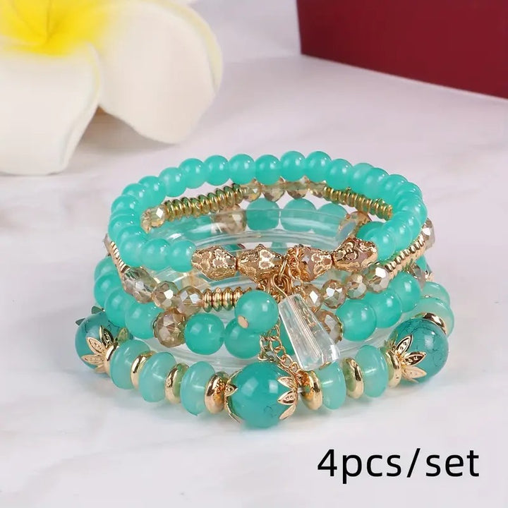 Vembley Boho Stackable Bracelets for Women Set, 4 Pack Girls Stretch Multilayer Stack Beads Green Beaded Charm Bracelets