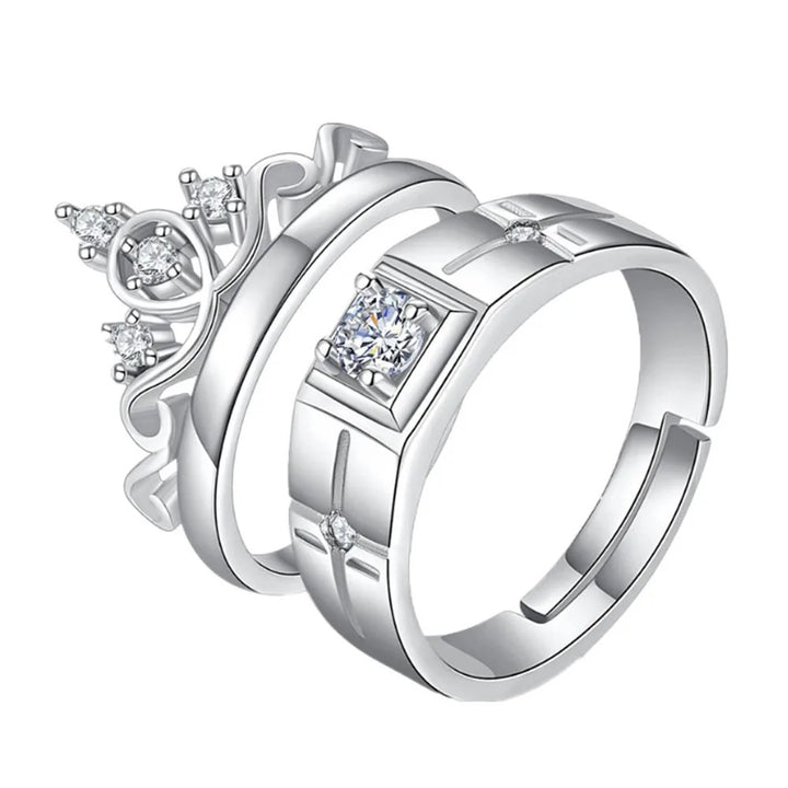 Premium Silver Plated Crown Adjustable Couple Rings Set