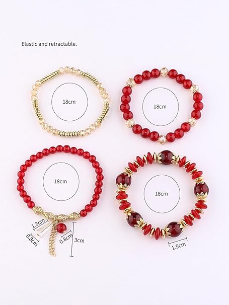 Vembley Boho Stackable Bracelets for Women Set, 4 Pack Girls Stretch Multilayer Stack Beads  Red Beaded Charm Bracelets