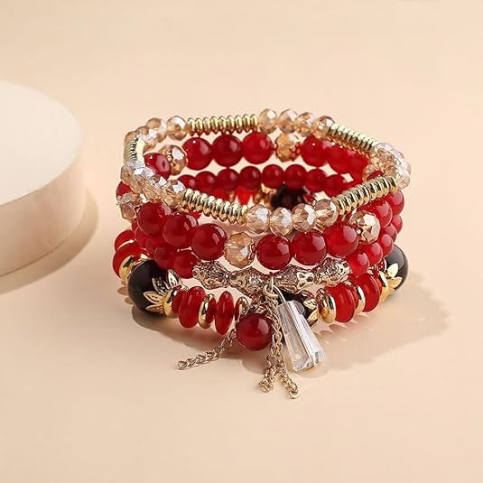 Vembley Boho Stackable Bracelets for Women Set, 4 Pack Girls Stretch Multilayer Stack Beads  Red Beaded Charm Bracelets
