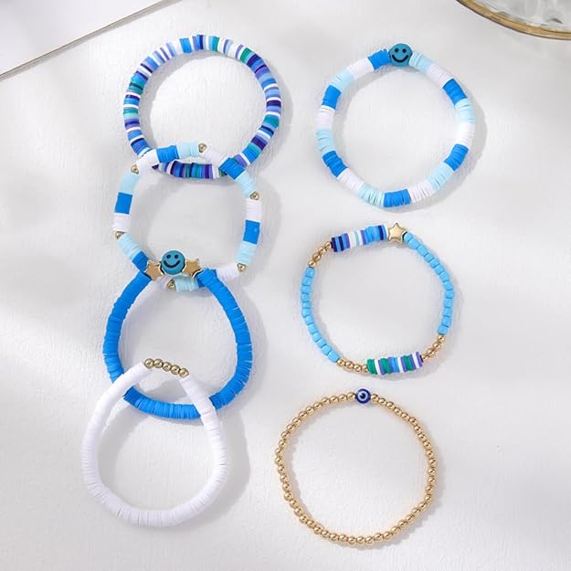 Vembley Trendy 7-Layer Blue and Gold Beaded Stackable Bracelet Set for Women with Smiley, Heart & Star Charms Chic Multilayer Stretch Boho Wrist Jewelry