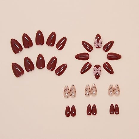 Vembley Set Of 24 Artificial / Fake Reusable Press on Korean Nails In Maroon and Pink Colour With Floral Detailing and 3D Bow Sticker And Glue