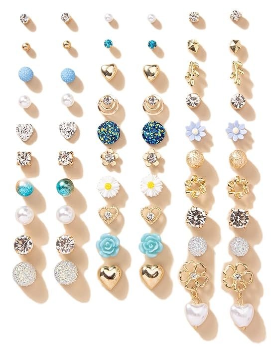 Vembley Trendy Set Of 30 Pair Crystal, Pearl & Flower Stud Earrings for Women & Girls