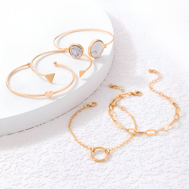 Vembley Gold Plated Gold Toned Set of 5 Contemporary Stackable Korean Bracelet Set For Women and Girls