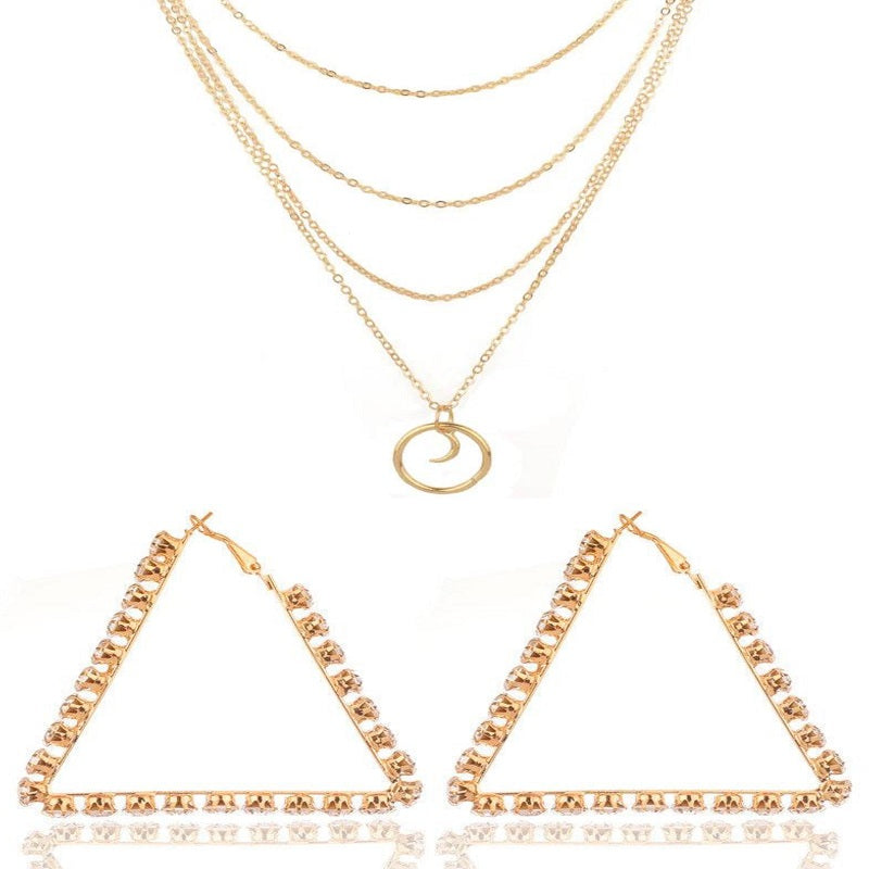 SHINNING STUDDED TRIANGLE HANGING EARRINGS and MULTI LAYERED CIRCLE WITH MOON PENDANT