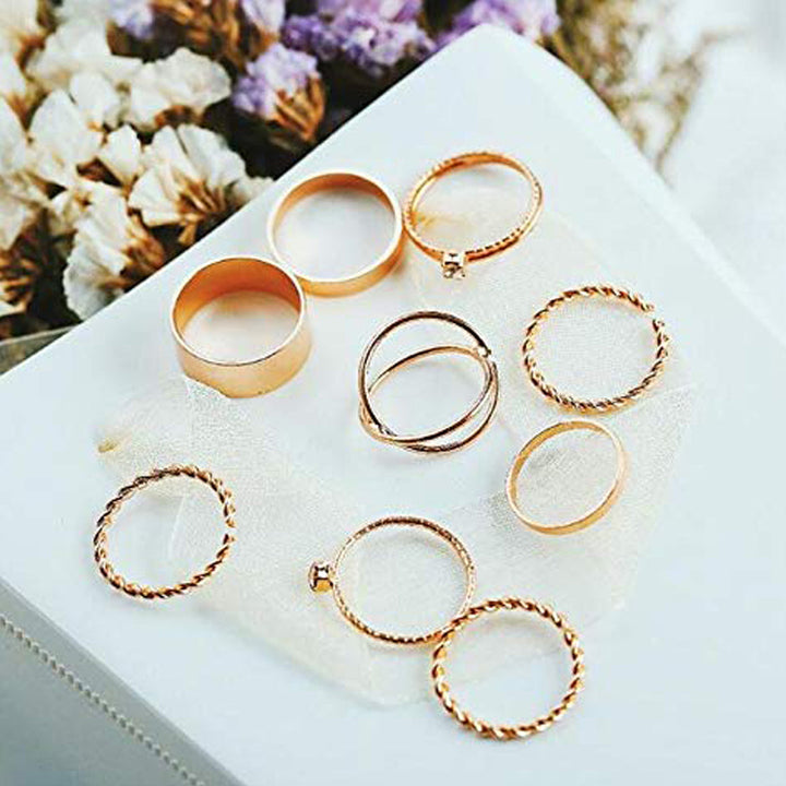 Gold Plated Nine Piece Multi Designs Ring Set