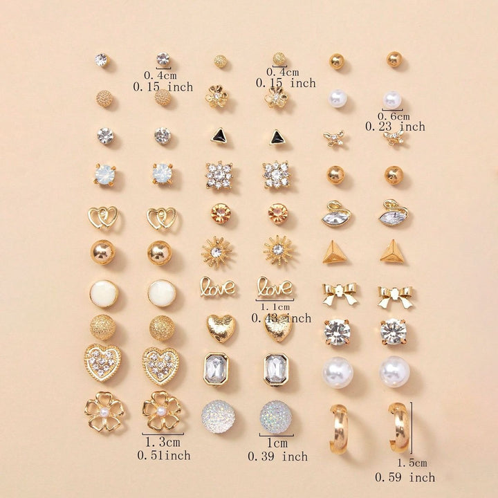 Vembley Set Of 30 Pairs Gold-Plated Trendy Crystal & Pearl Stud Earring for Women