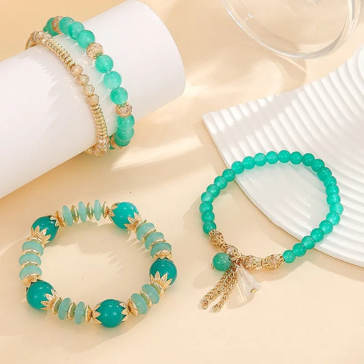 Vembley Boho Stackable Bracelets for Women Set, 4 Pack Girls Stretch Multilayer Stack Beads Green Beaded Charm Bracelets