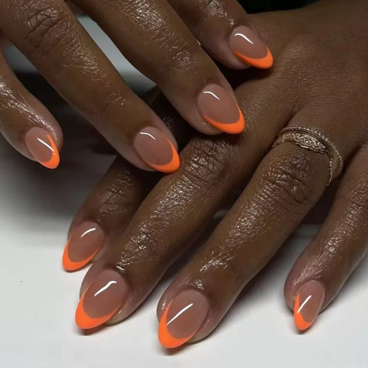 Vembley Trendy 24 Pcs Reusable Orange French Tip Artificial Nails Set for Women and Girls with Glue and stickers