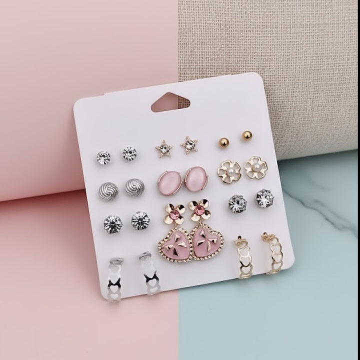Vembley 12-Pair Earring Combo Featuring Pink Heart, Floral, And Crystal Studs