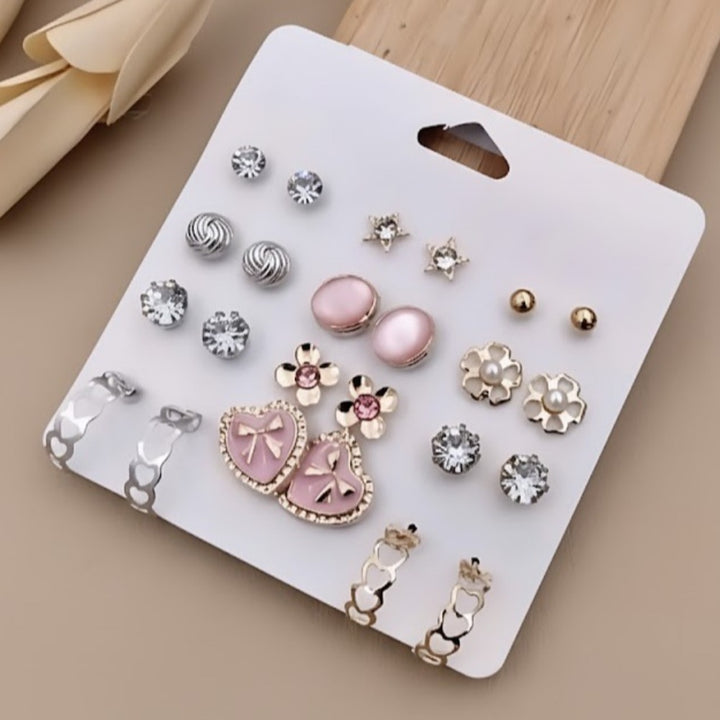 Vembley 12-Pair Earring Combo Featuring Pink Heart, Floral, And Crystal Studs