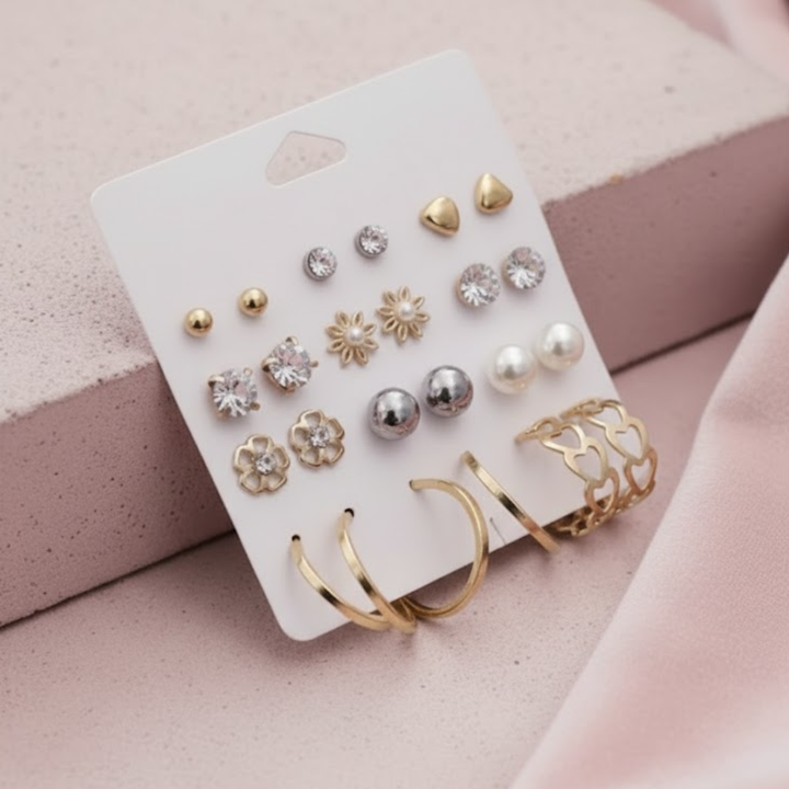 Vembley Trendy 12-Pair Gold-Plated Earring Combo featuring floral, pearl, heart, and crystal stud