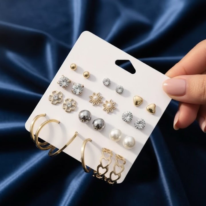 Vembley Trendy 12-Pair Gold-Plated Earring Combo featuring floral, pearl, heart, and crystal stud