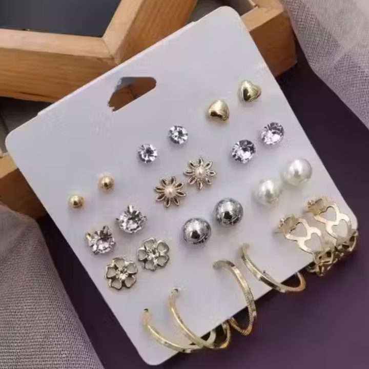 Vembley Trendy 12-Pair Gold-Plated Earring Combo featuring floral, pearl, heart, and crystal stud