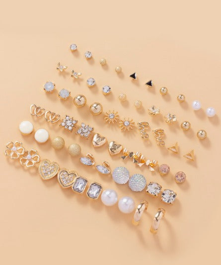 Vembley Set Of 30 Pairs Gold-Plated Trendy Crystal & Pearl Stud Earring for Women