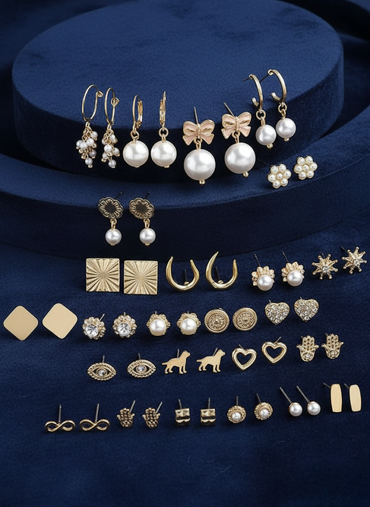 Vembley Stylish 25 Pair Gold Plated Pearl and Stud Earring Combo Set