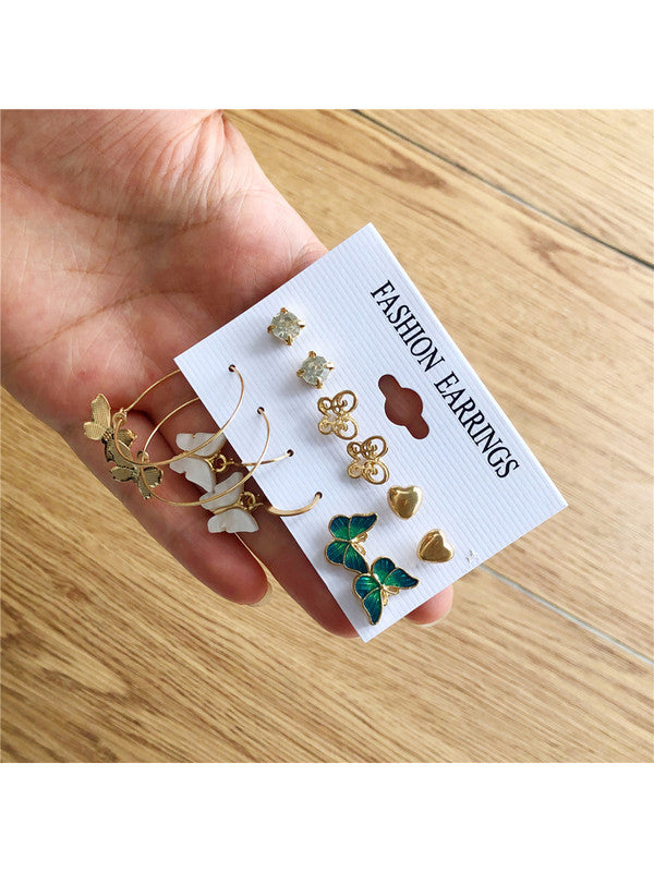 Combo of 15 Pair Elegant Gold Plated Butterfly Crystal Studs and hoop Earrings