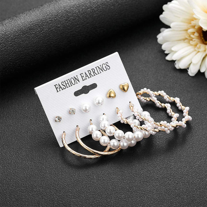 Vembley Combo 6 Pairs Fashion Gold Plated Crystal Pearl Studs & Big Hoop Earrings Set for Women and Girls