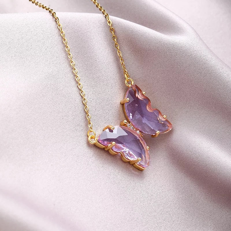 Gold Plated Purple Crystal Butterfly Pendant – Vembley