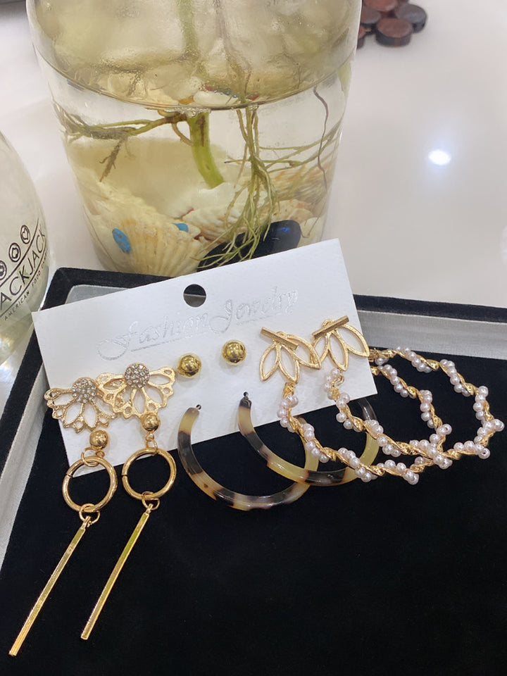 6 Pair Pearl Marble Hoop And Flower Stud Earrings