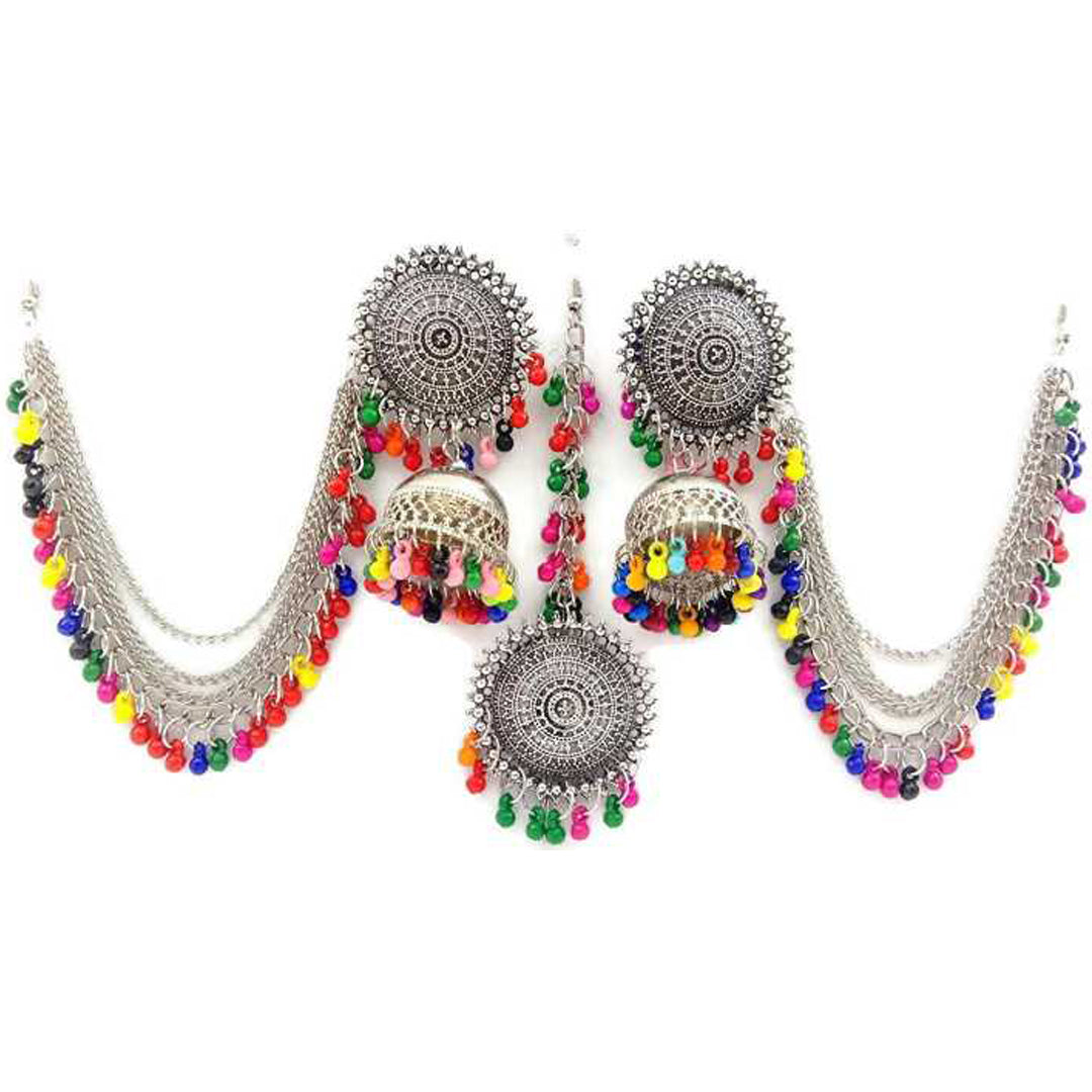 Silver Multicolor Bahubali Chain Jhumka With Maang Tikka – Vembley