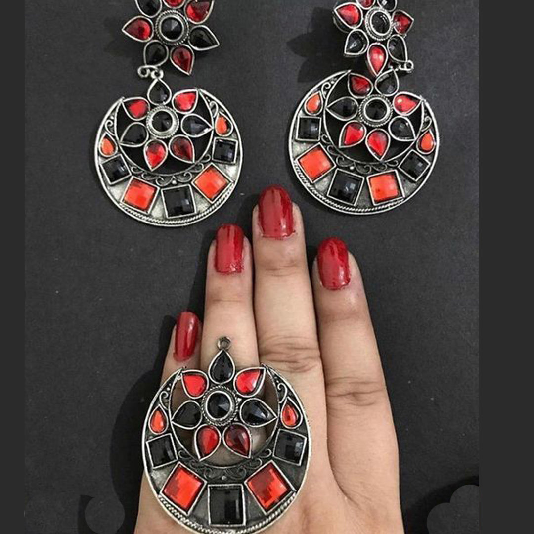 Combo of Red Black Stones Stud Earrings With Ring