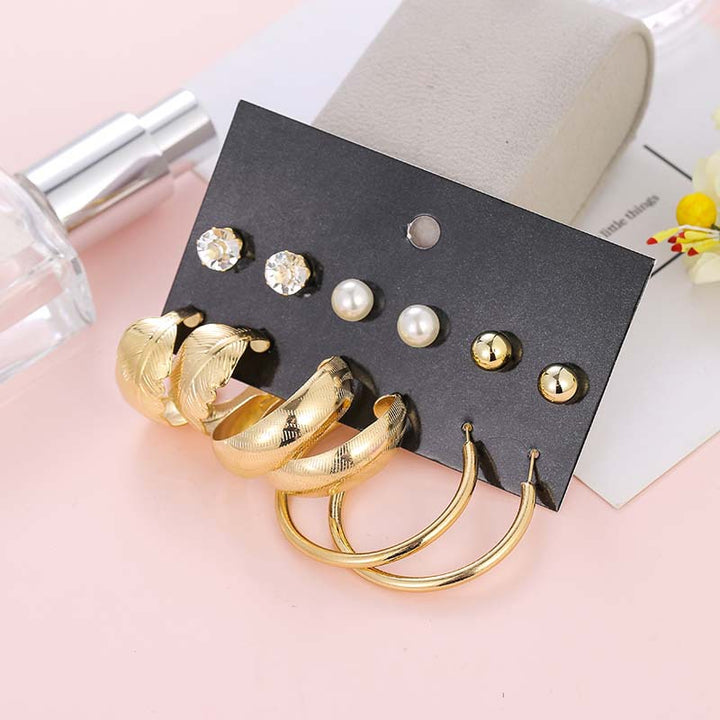 Vembley Combo 6 Pair Stylish Gold Plated Big Pearl Studded Studs and Plain Hoop Earring for Women and Girls
