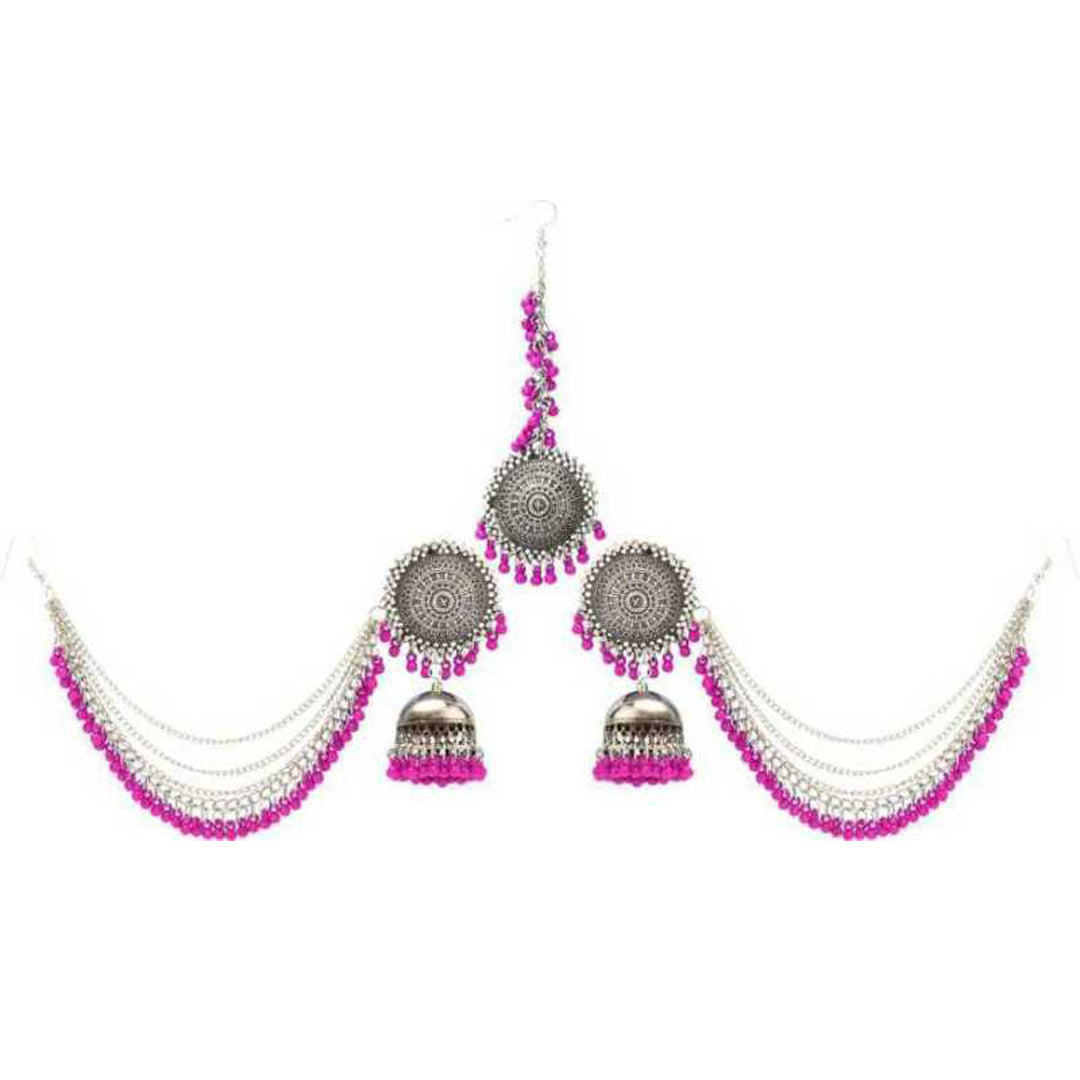 Silver Pink Bahubali Chain Jhumka With Maang Tikka – Vembley