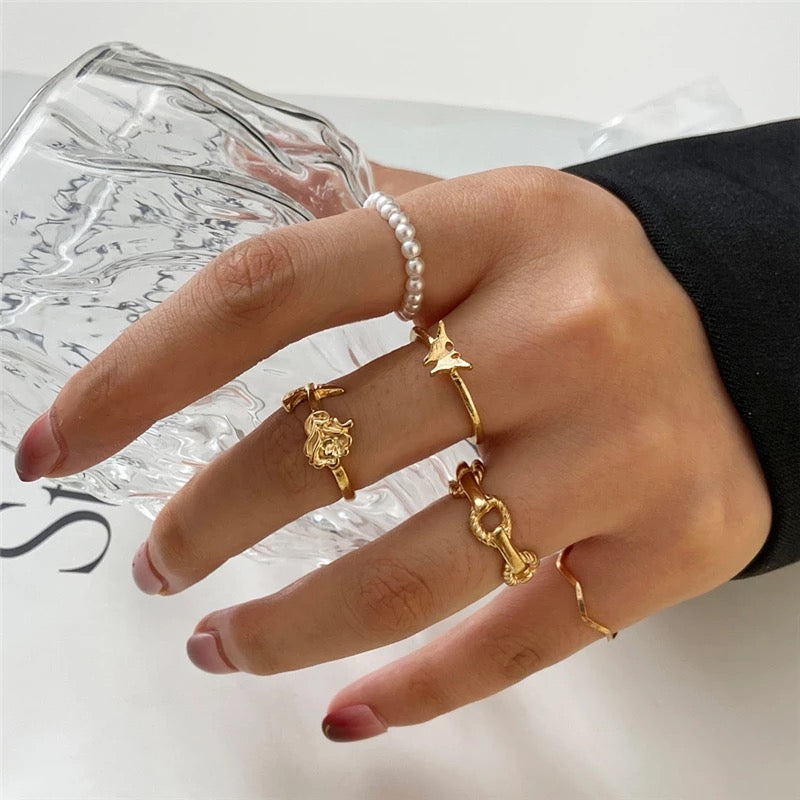 Vembley Gold Plated 5 Piece Butterfly Flower Pearl Chain Ring Set For Women and Girls