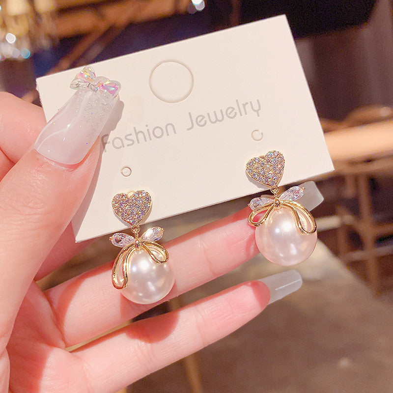 Love Bow and Pearl Stud Korean Earrings (2 Pcs/Set)