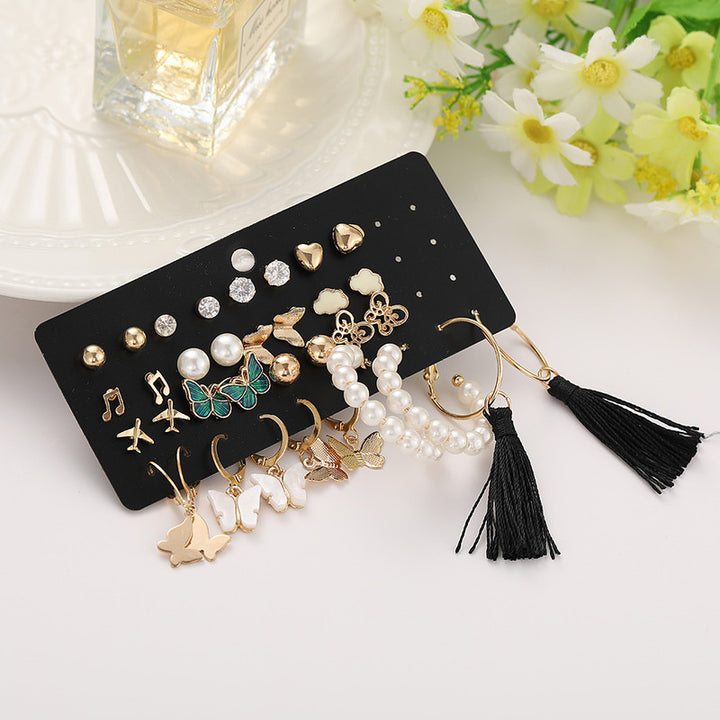 Vembley Lavish Gold Plated Pearl 17 Pair Earrings Pearl Big Hoop and Butterfly Heart Pearl  Stud Earrings For Women and Girls