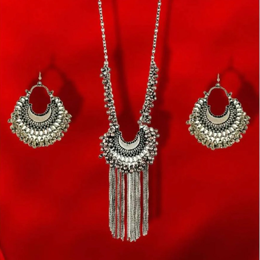 Oxidised Silver Half Moon Necklace With Jhumki