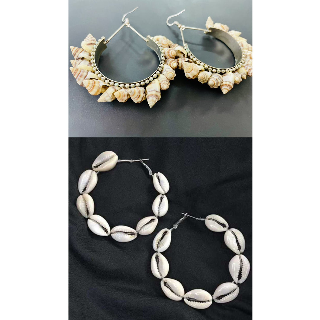 Combo Of 2 White Grey Sea Shell Hoop Earrings