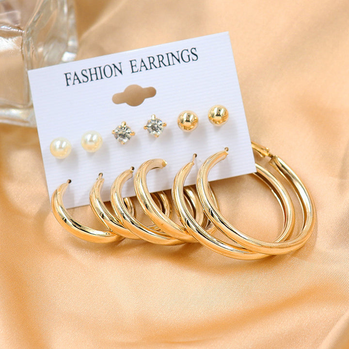 Vembley Combo 6 Pair Stunning Gold Plated Pearl Stone Studs and Plain Short Big Hoop Earrings for Women and Girls