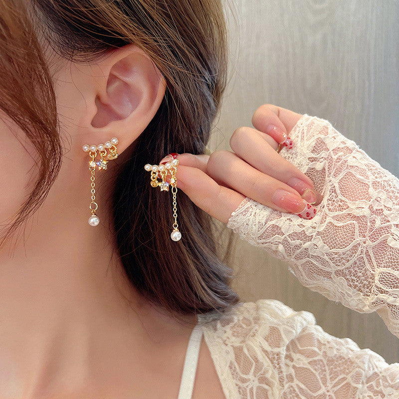 Korean Pearl Star Tassel Stud Earrings 2 Pcs/Set