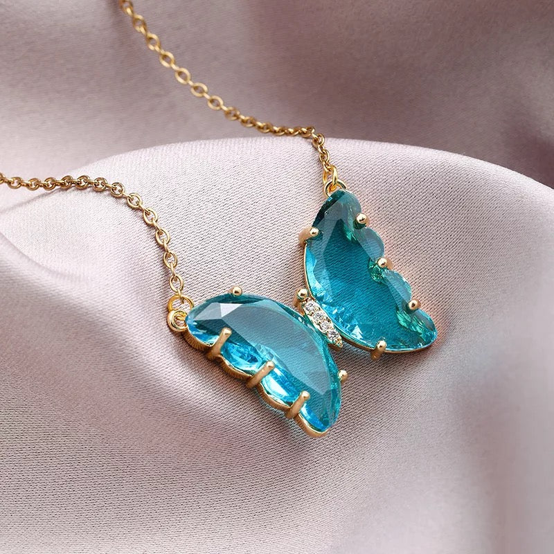 Gold Plated Turquoise Blue Crystal Butterfly Necklace – Vembley