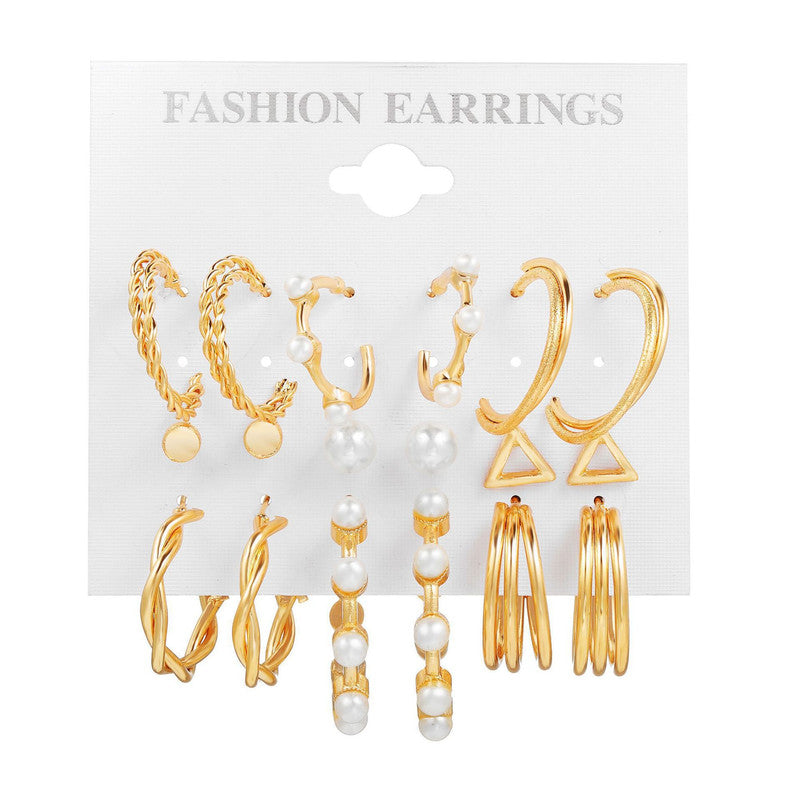 Vembley Combo 9 Pair Stylish Gold Plated Pearl Hoop , Drop, Tiny and Studs Earrings for Women & Girls
