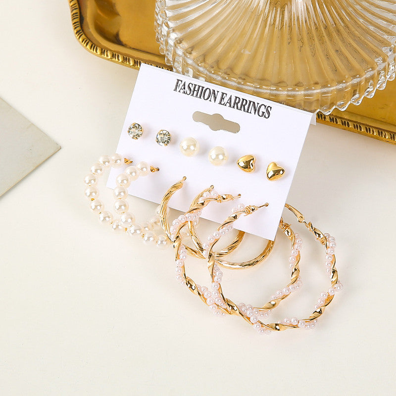 Vembley Combo 6 Pairs Fashion Gold Plated Crystal Pearl Studs & Big Hoop Earrings Set for Women and Girls