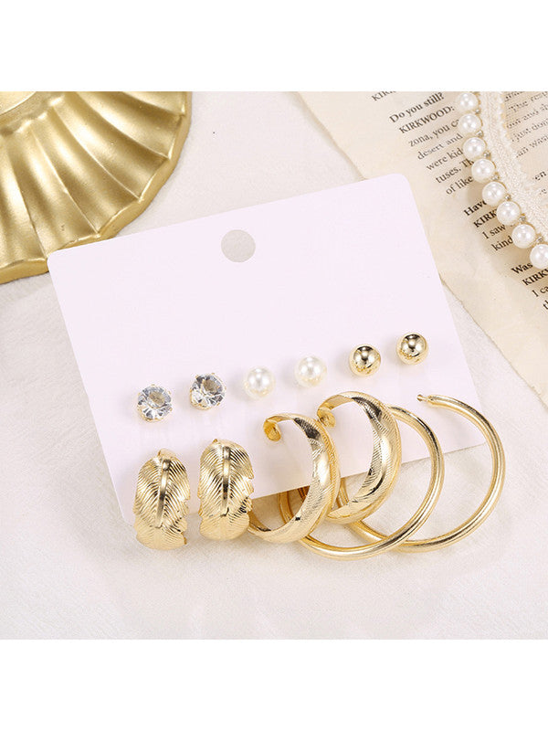 Combo of 12 Pair Trendy Gold Plated Pearl Studs and Leaf Hoop Earrings