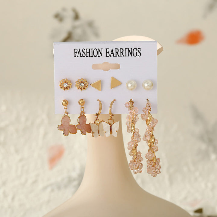 Vembley Combo 6 Pair Gorgeous Gold Plated White Pink Crystal Butterfly Pearl Stone Studs and Studded Big Hoop Earring for Women and Girls