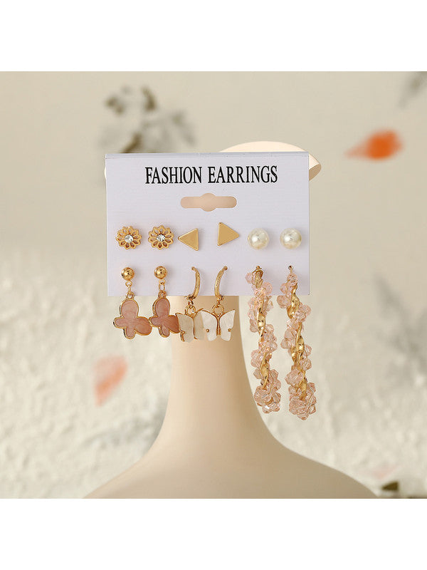 Combo of 12 Pair Enamelled Gold Plated Pearl Flower Studs and Hoop Earrings