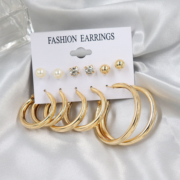 Vembley Combo 6 Pair Stunning Gold Plated Pearl Stone Studs and Plain Short Big Hoop Earrings for Women and Girls