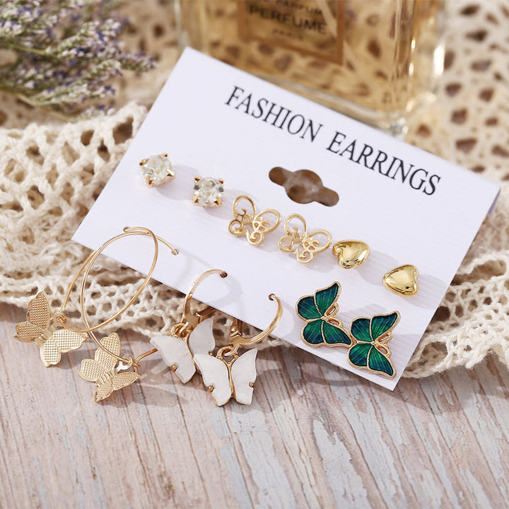 Vembley Combo 6 Pair Elegant Gold Plated Crystal Butterfly Studs and Hoops Earrings for Women and Girls