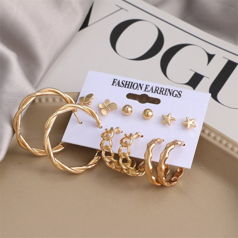 Vembley Combo Of 6 Golden Palin Star Butterfly and Big Hoop Earrings For Women and Girls