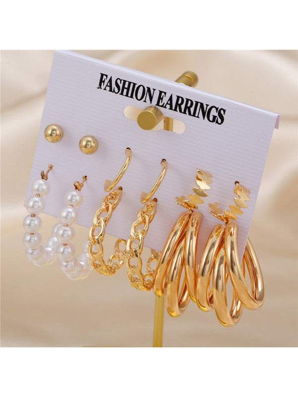 Combo of 12 Pair Stunning Gold Plated Pearl Studs and Leaf Hoop Earrings