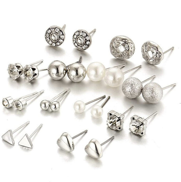 Combo Of 12 Pair Silver Studded Pearl Stud Earrings For Women and Girls