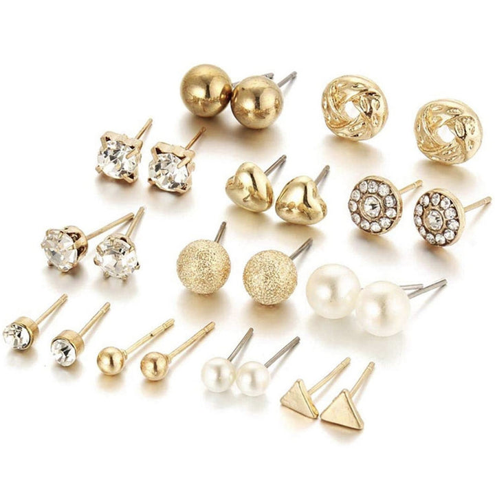 Combo Of 12 Pair Golden Studded Pearl Stud Earrings For Women and Girls