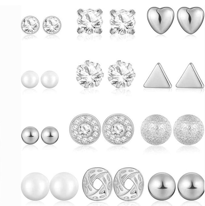 Combo Of 12 Pair Silver Studded Pearl Stud Earrings For Women and Girls